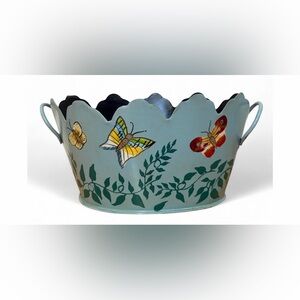 Vintage Butterflies Hand Painted Tole Jardiniere Planter Double Handle Vessel